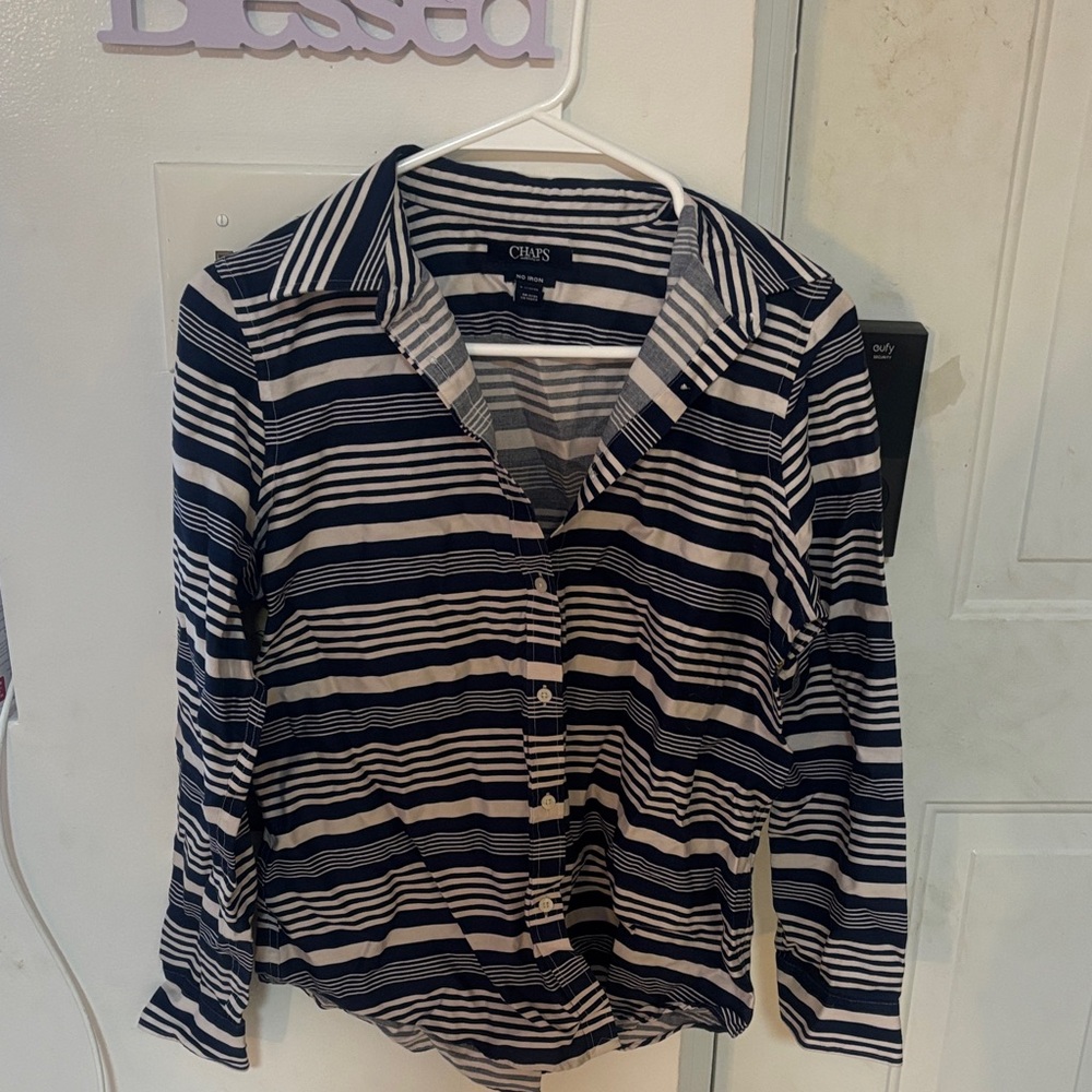 Chaps Women's Navy and White Striped Button-Down Shirt